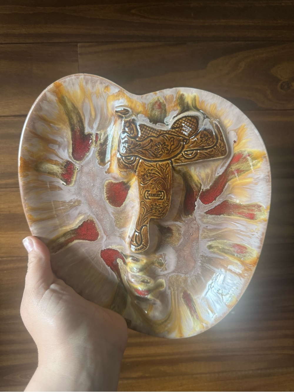 Handcrafted Heart-Shaped Decorative Dish with Saddle Accent - Brown, Gold, Red